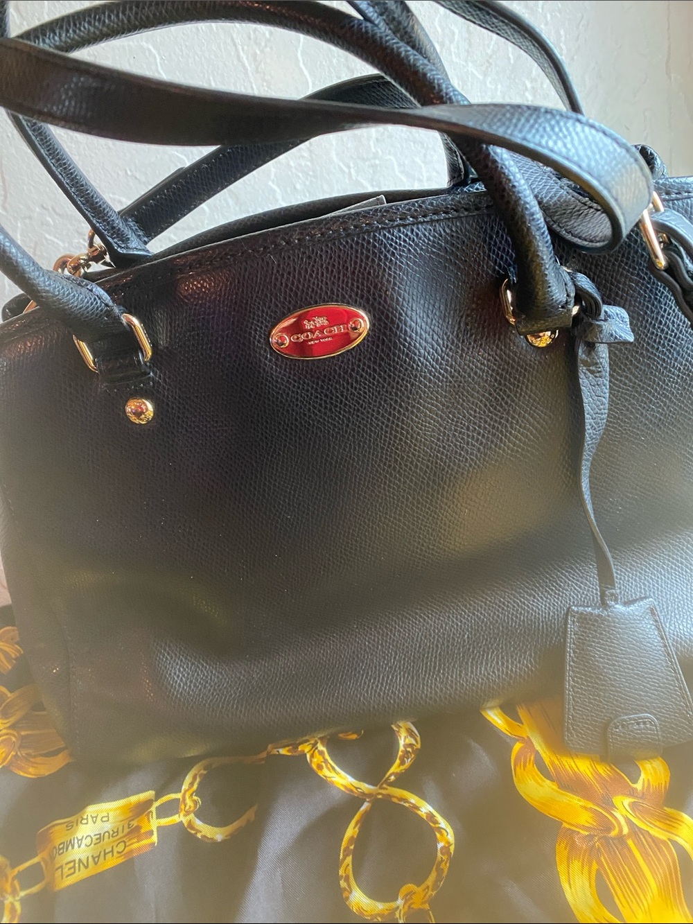 Coach Black Leather Satchel with Gold Accents